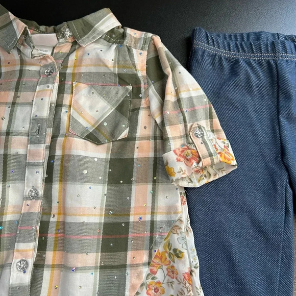 Little Lass Girl 24 Month 2 Piece Outfit Sparkle Lace Plaid Top Stretch Jeans - Picture 2 of 14